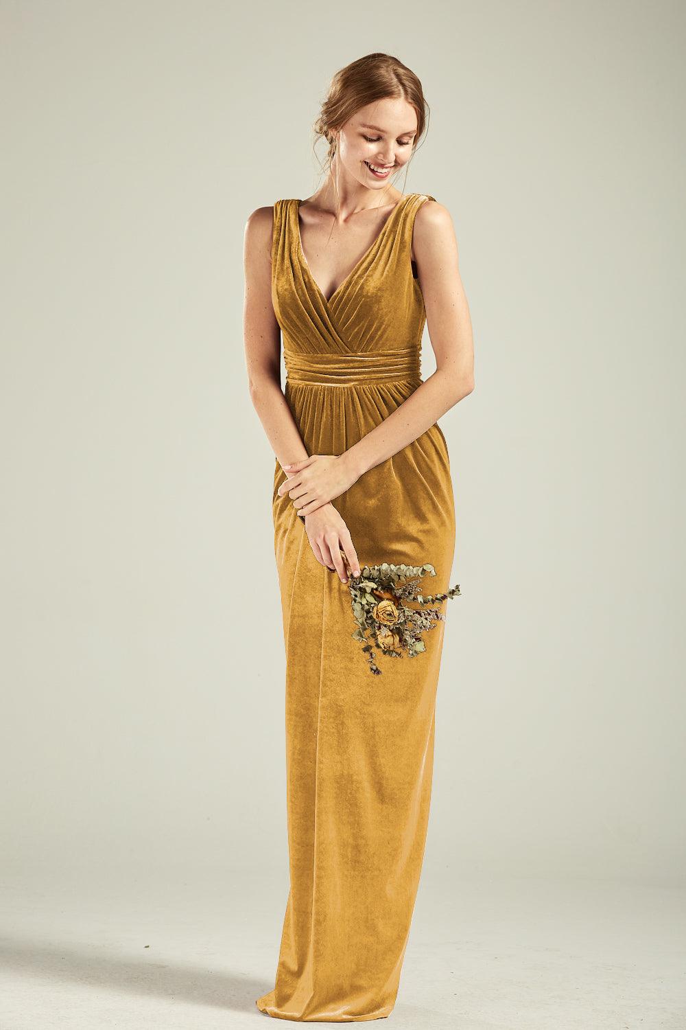 Ginger Velvet Dress Gold Velvet Bridesmaid Dress , Velvet Long